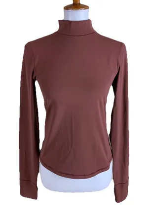 Offline By Aerie Brown‎ Mock Neck Long Sleeve Fitted Top Soft Stretch M thumbnail 1
