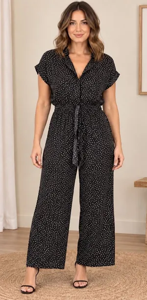 Hsquared Black Polka Dot Wide Leg Jumpsuit V-Neck Short Sleeve J3022 Womens M thumbnail 1