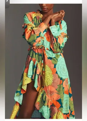 Farm Rio Long Sleeve Midi Dress Green Floral NWT thumbnail 2
