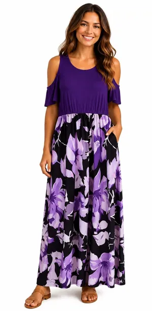 Purple Floral Cold-Shoulder Maxi Dress thumbnail 1