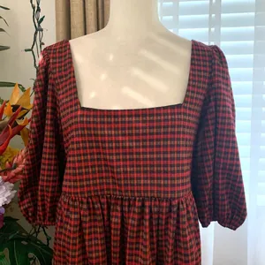 Hutch Square Neck Puff Sleeve Checker Plaid Mini Dress in Red Multi thumbnail 3