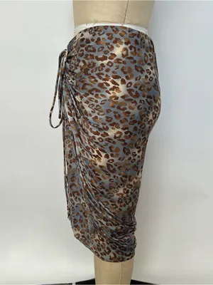 Miou Muse Leopard Satin Pencil Skirt in Gray & Brown thumbnail 2