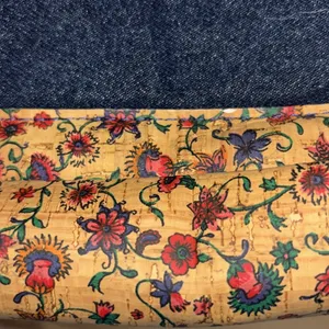 Blue Denim Handbag With Floral Corklike Design On Bottom & Handles Red Interior thumbnail 3