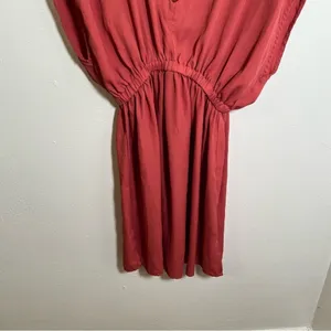 Womens Mini Dress V-Neck Short Dolman Sleeve Pink Red Elastic Waist A-Line Skirt thumbnail 3