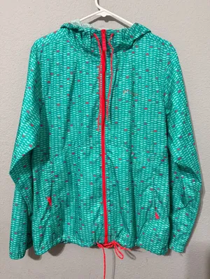 Columbia Womens Windbreaker L Teal Pink Geometric Full Zip Hooded Jacket Rain thumbnail 1