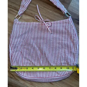 Red White Seersucker Striped Cotton Hobo Bag Navy Lining Zip Pocket Summer Tote thumbnail 7