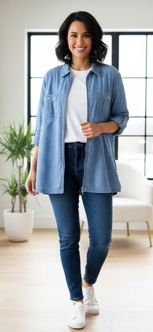 Vintage Womens Size 22/24W Denim Blue Plaid Zipper Front Shirt‎ Jacket 90s Boho thumbnail 1