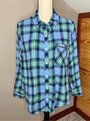 Aerie Plaid Flannel Long Sleeve Button Up Shirt Blue Green Small S Colorful thumbnail 1
