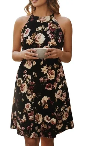 Final Touch Floral Velvet Dress Womens Large Black Halter Neck‎ Mini Shift USA thumbnail 1