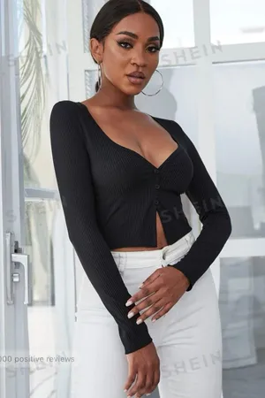 SheIn Ribbed Button Front Crop Top thumbnail 5