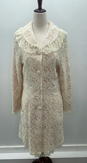 SassyBling Womens Medium Cream Floral Lace Duster Pea Coat Ruffle Coquette thumbnail 1