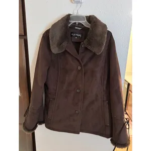 Platinum by Utex Brown Faux Suede Jacket Faux Fur Trim Lace Up Sleeves XL thumbnail 2