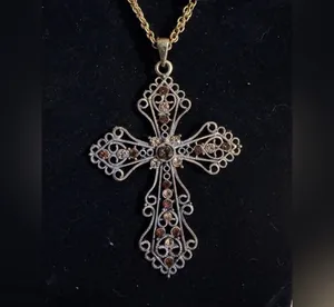Long Layered Gold Tone Beaded Cross Rhinestone Necklace thumbnail 2