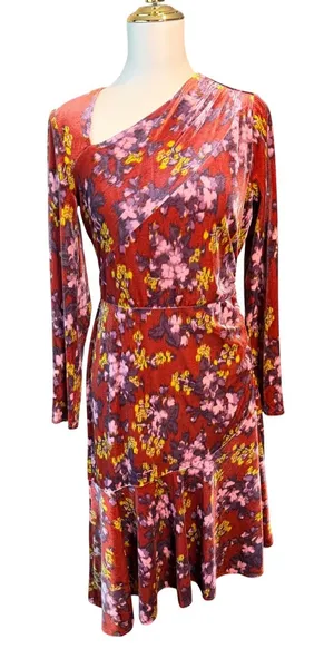 London Times Size 6 Rust Floral Velvet Asymmetric Neck Long Sleeve Flounce Dress thumbnail 1