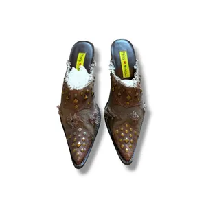 Penny Loves Kenny Mules Womens 7 Brown Studded Frayed Canvas Western Heels thumbnail 2