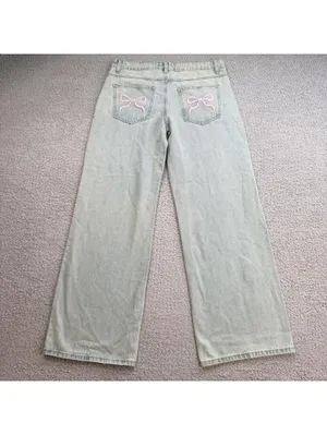 Edikted Bow Pocket Relaxed Jeans Womens M 32 Light Wash Wide Leg Coquette Denim thumbnail 2