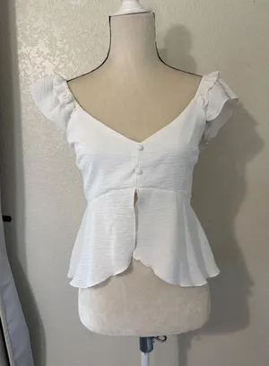 Timing White Flutter Sleeve Peplum Top‎ V-Neck Smocked Back Blouse thumbnail 1