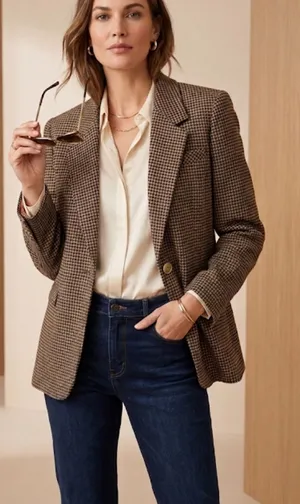 Vintage Chelsea Campbell Petites Brown Houndstooth Wool Blazer Jacket Size 8P thumbnail 1