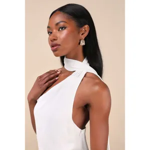 Lulus Isloda Ivory One-Shoulder Backless Sash Mini Dress with Scarf Small NWT thumbnail 4