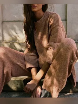 Free People Free-est Button Up Sweater Pants Wide Leg in Chutney Sand L thumbnail 2