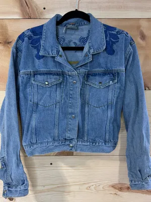 Free People Light Blue Denim Jacket with Blue Floral Embroidery thumbnail 4