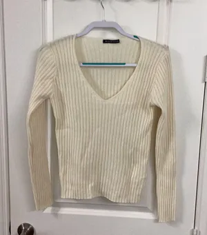 Brandy Melville V Neck Sweater In Cream thumbnail 1