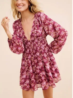 NWT Free People Keep You Mini Dress in Berry Combo Long Sleeve Floral Size Small thumbnail 2