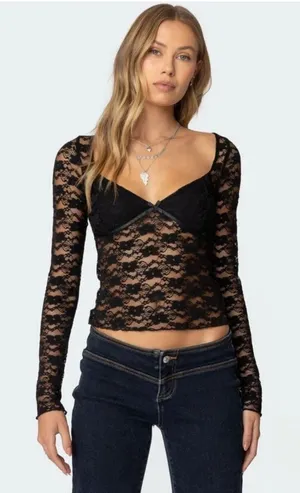 NWT Edikted Mykonos Sheer Black Lace Top size XL thumbnail 1