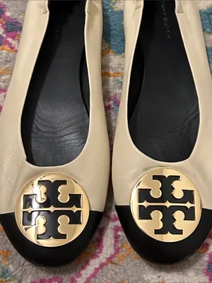 Tory Burch Claire Cap Top Leather Ballet Flats in New Cream/Black Size 9 Neutral thumbnail 7