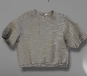 Uniqlo Black White Gingham Checkered Puff Short Sleeve Blouse Top Sz S thumbnail 1