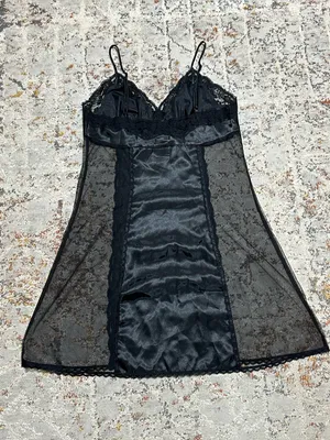 Vintage Fredericks of Hollywood black satin sheer mesh chemise slip dress size M thumbnail 3