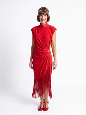 Vintage Fringe Asymmetric Midi Dress Mock Neck Wrap Gathered cocktail dress thumbnail 13