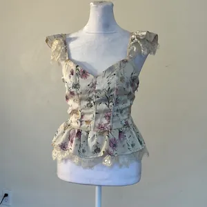 Floral Lace Corset Peplum Top Cream Purple Cottagecore Flutter Sleeve Bustier thumbnail 9