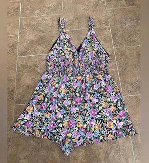Floret Studios Floral Romper, Size XL, Smocked, Purple Yellow Black, Shorts thumbnail 4