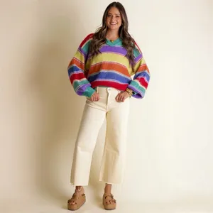 POL Multicolor Striped V-Neck Sweater Women’s Size Large thumbnail 4