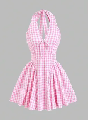 Plaid Halter Neck tie dress -Pink thumbnail 1