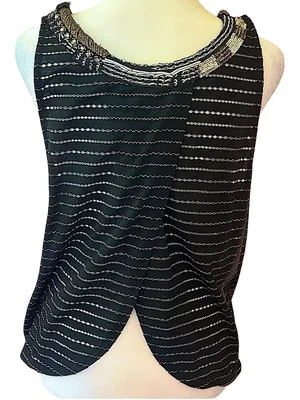 Free People Aztec Louie Beaded sequin Tank Black Striped Split Back Boho glam M thumbnail 2
