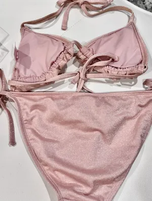 Xhilaration Pink Sparkly Metallic Ruffle Triangle Tie Bikini Set thumbnail 2