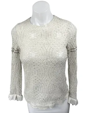 Massimo Dutti White Embroidered Mesh Ruffle Crew Long Sleeve Blouse Top Size 6 thumbnail 1