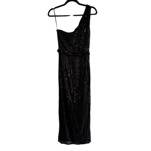 Grace Karin Black Sequin One Shoulder Maxi Dress Ruched Formal Gown Size L thumbnail 9