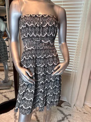 YA Los Angeles Strapless Lace Print Mini Dress Medium Cotton Blend Smocked Zip thumbnail 2