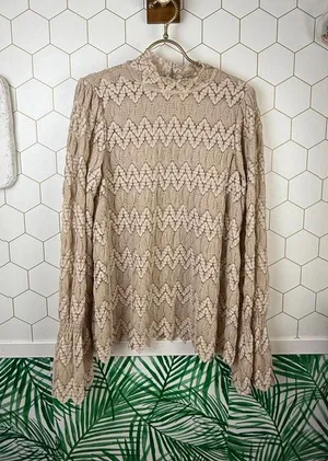 Free People Tan Lace Long Sleeve Tunic Top - Size - Medium thumbnail 1