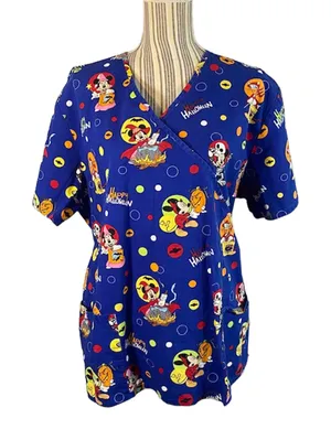 Disney Women’s Blue Mickey Mouse Halloween Wrap Tie Back Medical Scrub Top Sz XL thumbnail 1