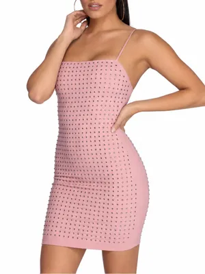 Windsor Pink Rhinestone Bodycon Mini Dress S Y2K Party Cocktail Spaghetti Strap thumbnail 1