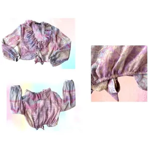 Ruffled Knotted Crop Top Blouse Medium Paisley Abstract Gold Color … thumbnail 7