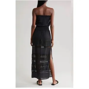 Elan Black Strapless Smocked Waist Crochet Lace Tiered‎ Maxi Dress Small Boho thumbnail 2