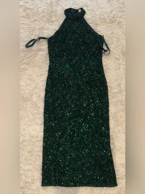 NEW Mac Duggal Embellished Sequins Halter Neck Midi Bottle Green Dress sz 6 thumbnail 4