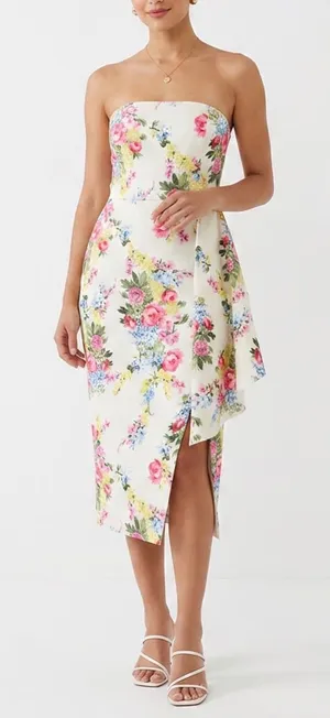 ASOS Floral Strapless Midi Dress Cream Pink Yellow Ruffle Wrap Size 8 NEW thumbnail 1