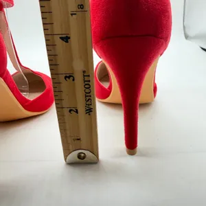 Red Faux Suede T-Strap Pumps Womens Size 9 Round Toe Stiletto Heels Ankle Strap thumbnail 6