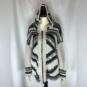 Free People Full Zip Hooded Fringe Aztec Southwestern Cardigan Sweater Large thumbnail 3